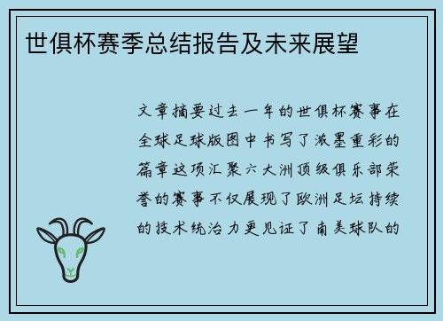 世俱杯赛季总结报告及未来展望
