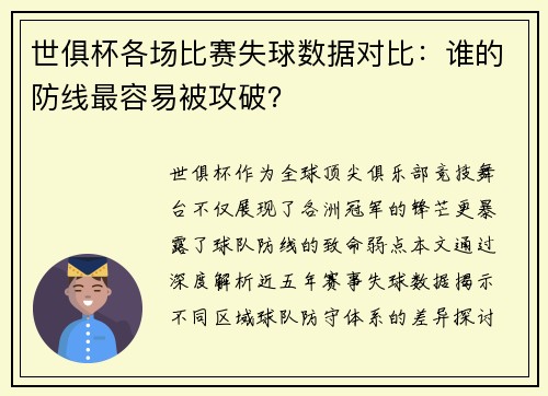 世俱杯各场比赛失球数据对比：谁的防线最容易被攻破？